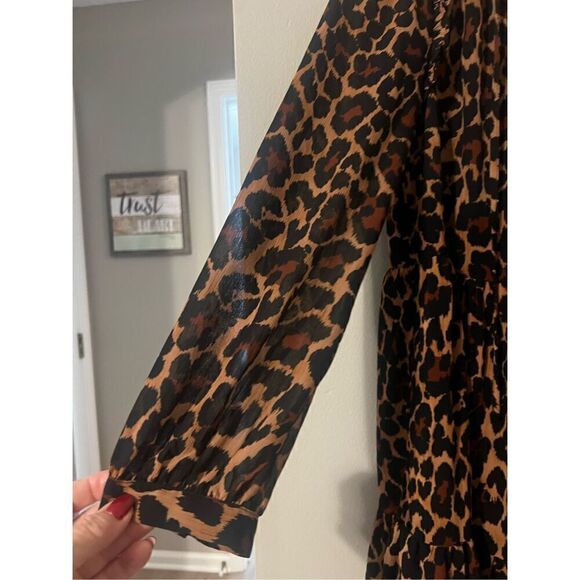 J Crew Women’s Size XS Tie Neck Tiered Dress Brown Leopard Print Long Sleeve - Picture 11 of 14